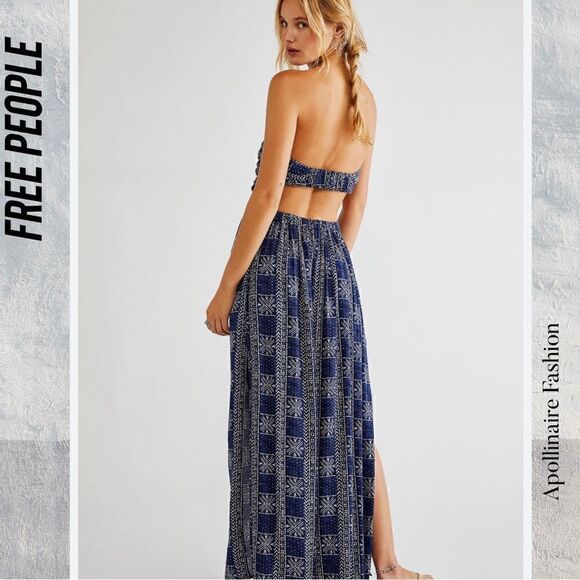FREE PEOPLE PEYTON MAXI DRESS SIDE SLITS IN NAVY COMBO NWOT LARGE - Picture 4 of 8